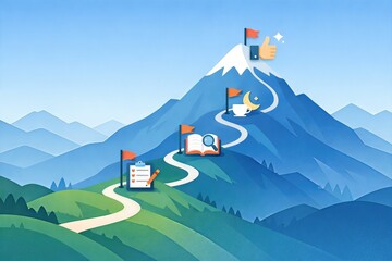 Journey to Success Illustrated with Mountain Pathway, Flag Markers, Symbols of Achievement, and Natural Landscape Reflecting Growth and Progression in Personal Development