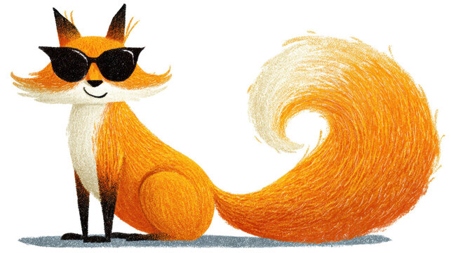 Fox in dark sunglasses - flat style, isolated on white, bushy tail swirl, sly grin