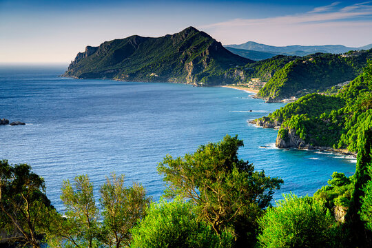 Postcard top view of coast green island Corfu, overlooking Glyfada Beach.. The most beautiful viewpoints in Greece.