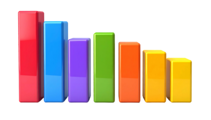 Colorful 3D bar chart showing a downward trend, isolated on a black background