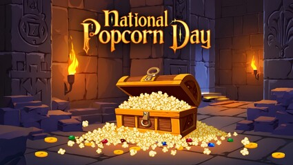 National popcorn day treasure chest overflowing with fluffy kernels