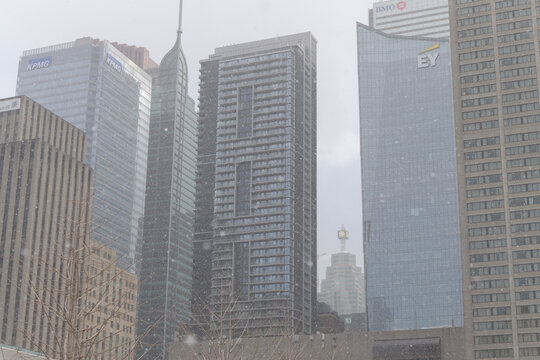 (mostly) modern office towers viewed from Nathan Phillips Square, City Hall, Toronto, during a winter snow squall