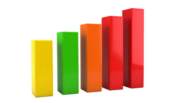 Colorful 3D bar graph ascending in height against a black background - Powered by Adobe