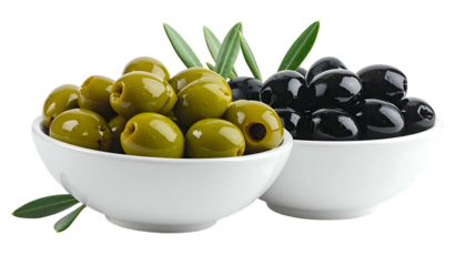 Two white bowls filled with green and black olives, sprigs of leaves between them