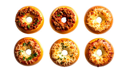 Six gourmet bagels, each topped with a savory ingredient, arranged in two rows