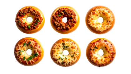 Six gourmet bagels, each topped with a savory ingredient, arranged in two rows