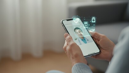 A person holds a smartphone displaying a virtual healthcare service, featuring a doctor and health-related icons.