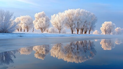 Snowy trees reflected in calm water
