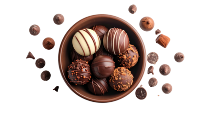 Assortment of artisan chocolate truffles in a bowl with scattered pieces, dark background