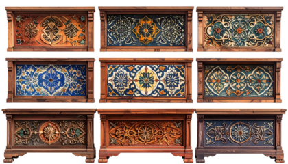Nine ornate, wooden boxes, each showcasing a unique patterned inset design