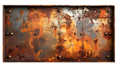 Weathered rectangular metal plate, heavily rusted with visible bolts, showing signs of decay