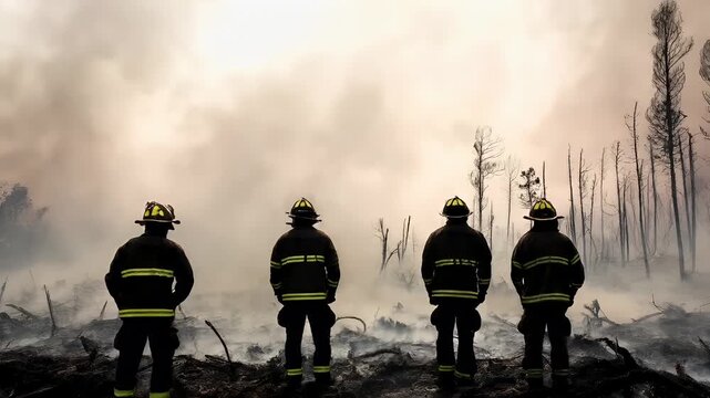 Natural disaster. Devastating loss aftermath scene. A firefighter stands amidst a smoky haze amidst a burned landscape, with tall, barren trees in the background. The scene is dominated by a thick.