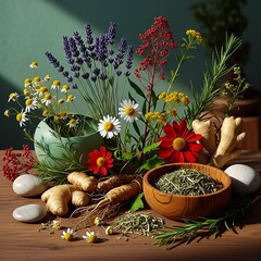 Botanical medicine still life with herbs and flowers, highlighting alternative healing and natural healthcare aesthetics.