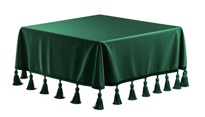 Elegant emerald green square table with a draped satin cloth and decorative tassels