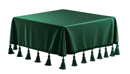 Elegant emerald green square table with a draped satin cloth and decorative tassels