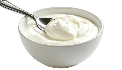 A close-up of a white ceramic bowl filled with creamy white dairy product, with a spoon in it