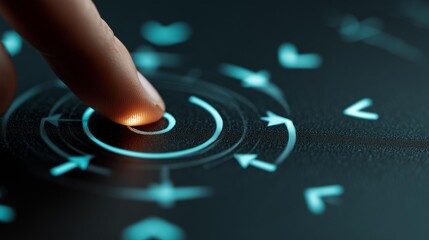 Human finger interacting with illuminated touchscreen interface and circular controls