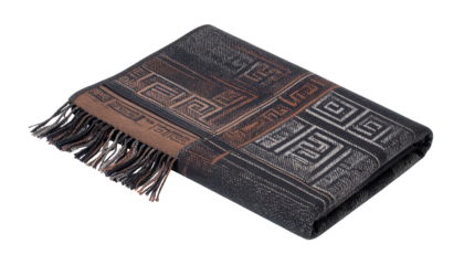 Folded textile blanket with geometric pattern and fringe detailing against a black background