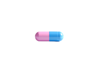 A single, brightly colored pill with pink and blue halves, set against a black backdrop