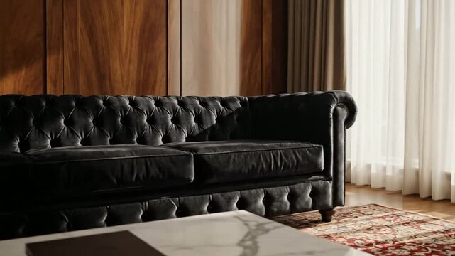 Elegant Black Leather Sofa in Warm Sunlight: Relaxing Interior Design