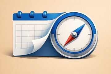 Calendar icon with turning page and compass symbolizing time management structure and meticulous planning for proactive scheduling captured with clarity