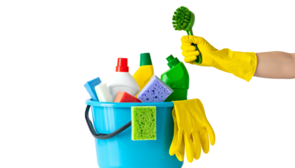 A bucket overflowing with cleaning supplies, plus gloved hand holding brush, all against black