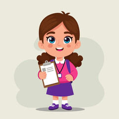 smiling schoolgirl character with a backpack holding a clipboard for educational blogs, primary school websites, back to school banners and stationery design, with copy space