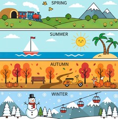 Flat Vector Illustration Set of Four Seasons Spring Summer Autumn Winter