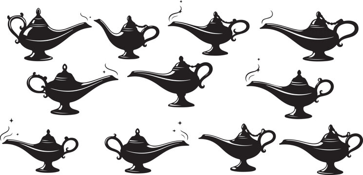 Collection of black silhouette magic genie lamps with smoke and sparkles magic lamp aladdin lamp