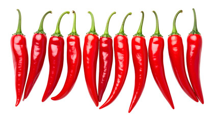 A line of vibrantly red chili peppers with green stems against a solid black background