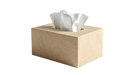 A rectangular box of tissues, beige cardboard with white tissues popping out
