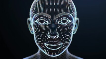 Digital human face scan biometric identity technology AI concept with glowing dots and particles - Powered by Adobe