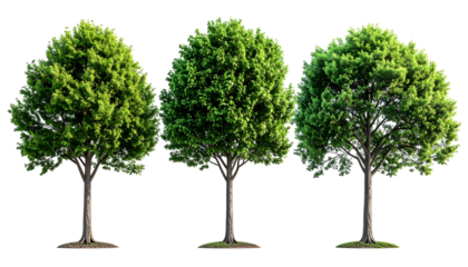 Three isolated deciduous trees, vibrant green foliage and brown trunks, on a black background