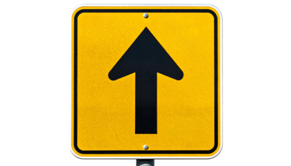 Close-up of a yellow square road sign with a black arrow pointing directly up
