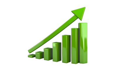 A vibrant green bar graph ascends with an arrow, representing growth and progress on black