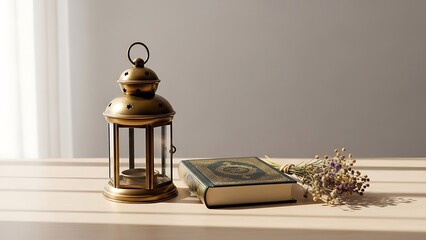 Ramadan Still Life: Lantern, Book, and Flowers