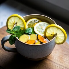 Herbal tea with fresh natural ingredients creating a calming wellness scene focused on relaxation and holistic health.