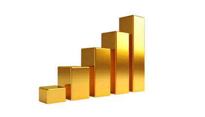 Shiny golden bar graph showing a positive trend, set against a solid black background