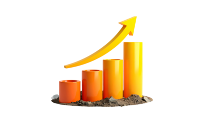 3D-rendered financial graph with columns, arrow, and small rocky ground on black background