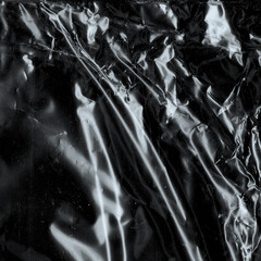 Wrinkled plastic wrap texture on a black background. Cellophane package wallpaper