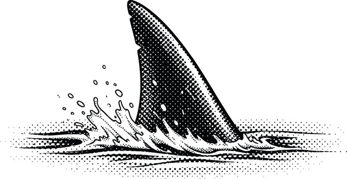 Menacing Shark Fin Surfacing in Water with Halftone Dots Black and White Comic Vector