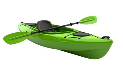 Bright green kayak with paddle, black seat, against a black background