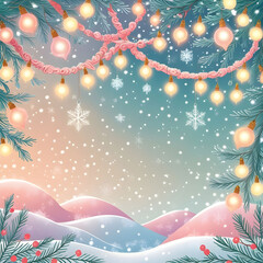 Abstract beauty Christmas and new year background with garland bulb lights and falling snow Vector illustration Eps10