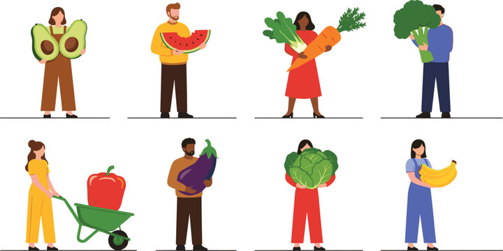 People holding fresh fruits and vegetables flat vector illustration set promoting healthy eating, organic food and lifestyle - Powered by Adobe