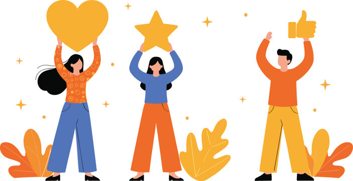 Positive feedback and appreciation concept flat vector illustration with people holding heart, star and like symbols
