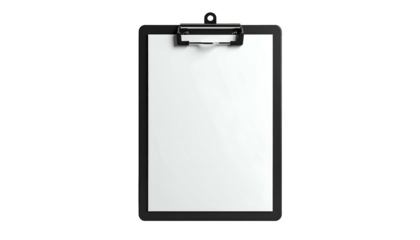 A vertical image of a black clipboard with a blank white paper on a black background