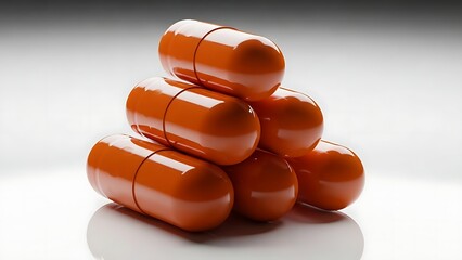 Vibrant orange pharmaceutical capsules neatly stacked in a pyramid, symbolizing medication, health, and the modern medical industry's focus on wellness and treatment