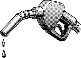 Vintage Gas Pump Nozzle Dripping Fuel Halftone Black and White Illustration
