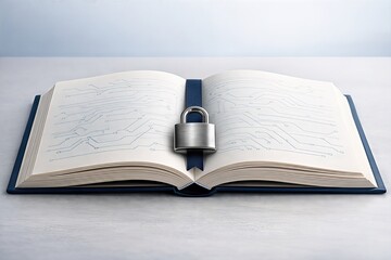 Secure knowledge lock on open book with abstract circuit pattern representing digital privacy data protection safeguarding intellectual property integrity