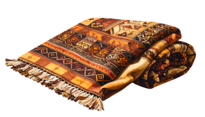 A rolled-up textile with warm hues and detailed patterns, fringes on one edge